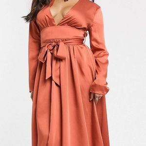 Glamorous petite plunge front midi tea dress in satin